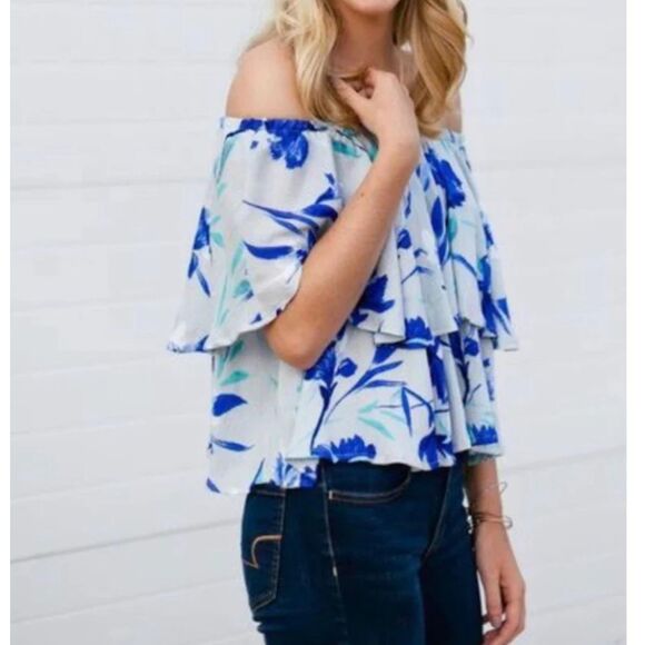 Japna off shoulder gray and blue floral top size small - Picture 1 of 4